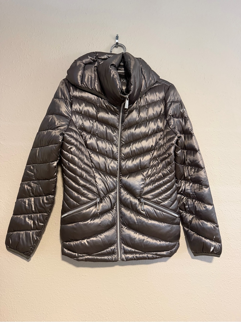 Calvin Klein Metallic Charcoal Quilted Packable Puffer Jacket